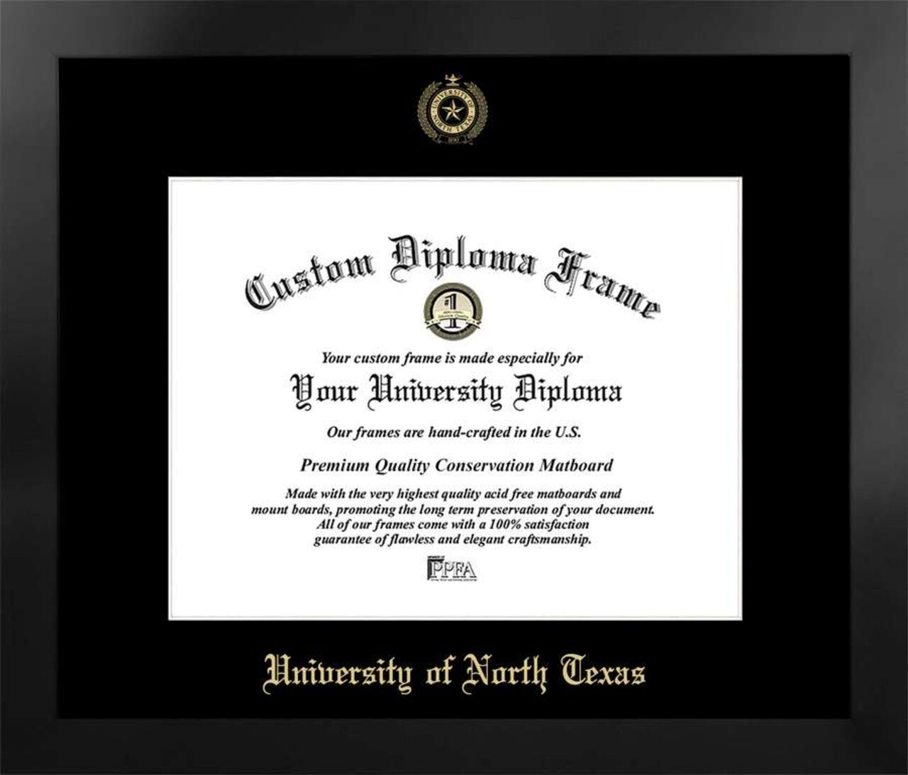 University of North Texas 14w x 11h Manhattan Black Single Mat Gold Embossed Diploma Frame with Bonus Campus Images Lithograph (value savings at $59)